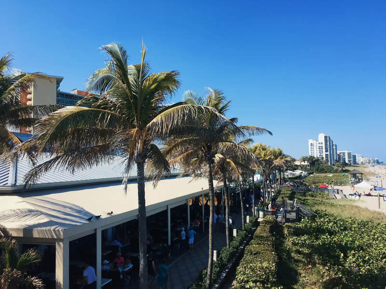 Restaurants with covered patios beside the beach promenade in Deerfield Beach, palms along the walk and the sand and hotels to the right.