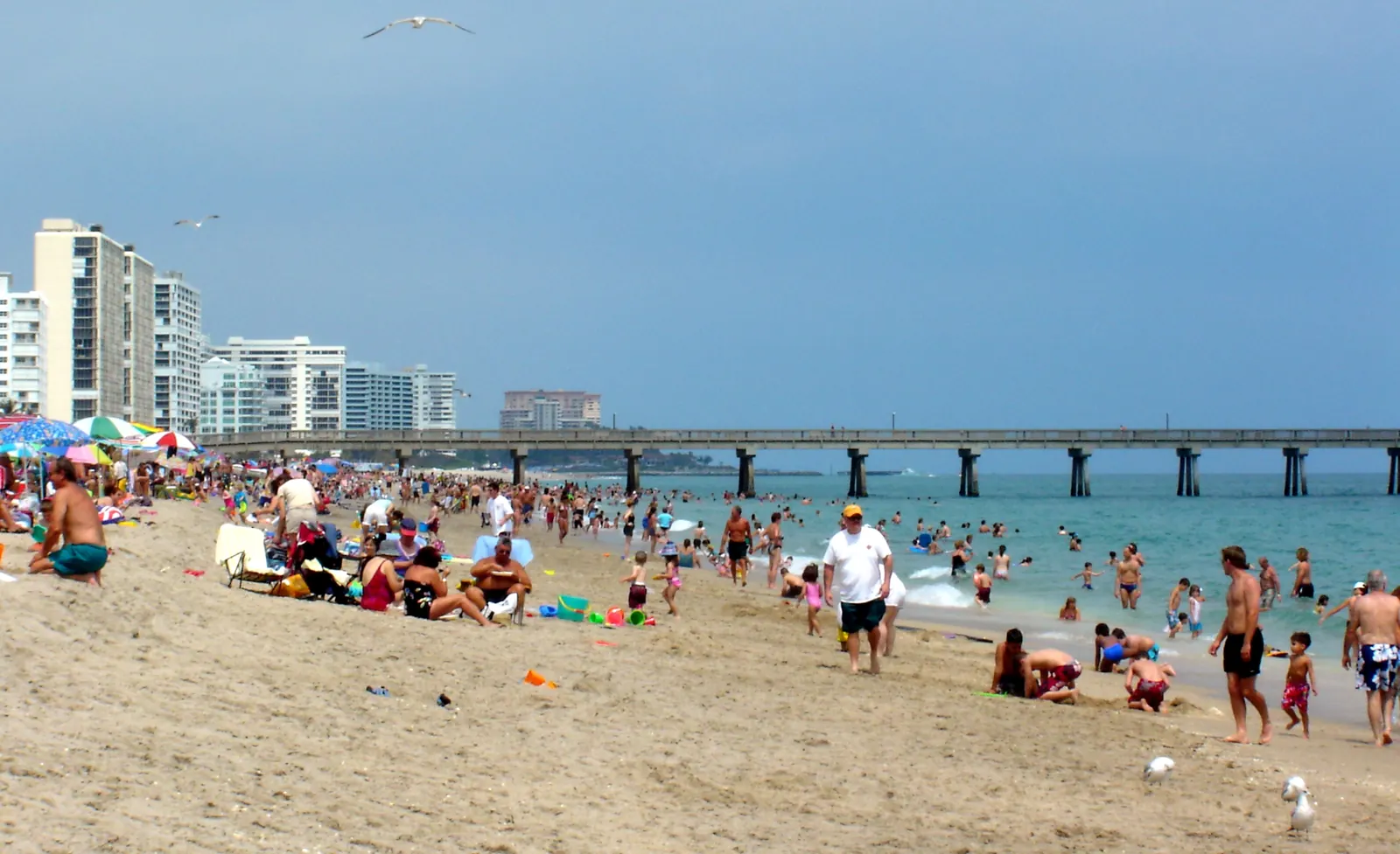 A busy day on the sand beside the Deerfield Beach pier, with swimmers in the shallows, umbrellas and condominium towers in the distance.